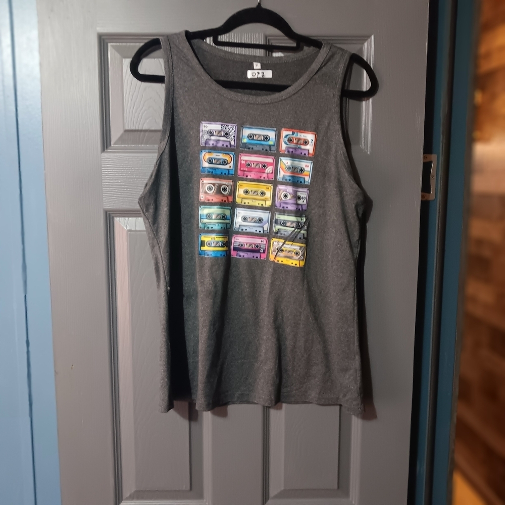 Gray Women's Tank Top with Colorful Cassette Graphic